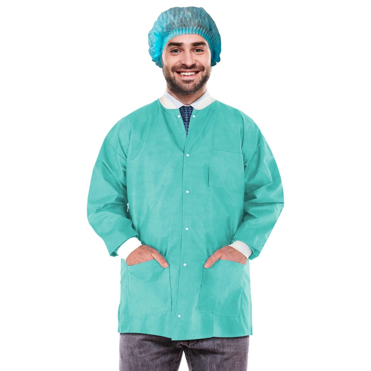 Disposable Lab Jackets Large Pack of 10 Teal Lab Jacket for Men and Women 31 Inches Long PPE Jacket 50 GSM SMS Disposable Jackets Dental with Snaps Front Knit Cuffs & Collar 3 Pockets